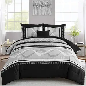 Black Comforter Set Queen Size,8 Pieces Boho Bed in a Bag Patchwork Striped Comforter Set, Soft Microfiber Bedding Set for All Season(90"*90")