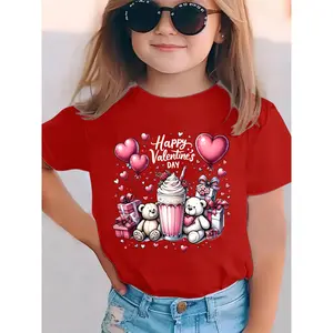 Girls' Valentine's Day Short Sleeve T-Shirt - Cute Bear & HAPPY VALENTINE's Heart Print Summer Top, Round Neck Casual Blouse for Parties & Casual Attire