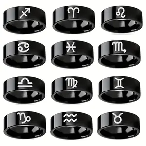 Elegant Stainless Steel Zodiac Ring - Fashion Black 12 Constellation Band, Durable & Non-Fading
