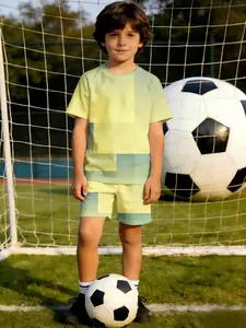 Summer collection Boys' 2-piece set Yellow teal color block squares Breathable loose