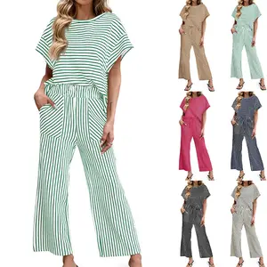 Womens Striped 2 Piece Sets Short Sleeve T Shirts Wide Leg Pants Matching Lounge Set with Pockets