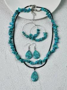 Boho Style Turquoise Texture Beaded Necklace & Dangle Earrings, Vintage Jewelry Set for Women & Men, Trendy All-match & Exquisite Jewelry for Birthday Gift
