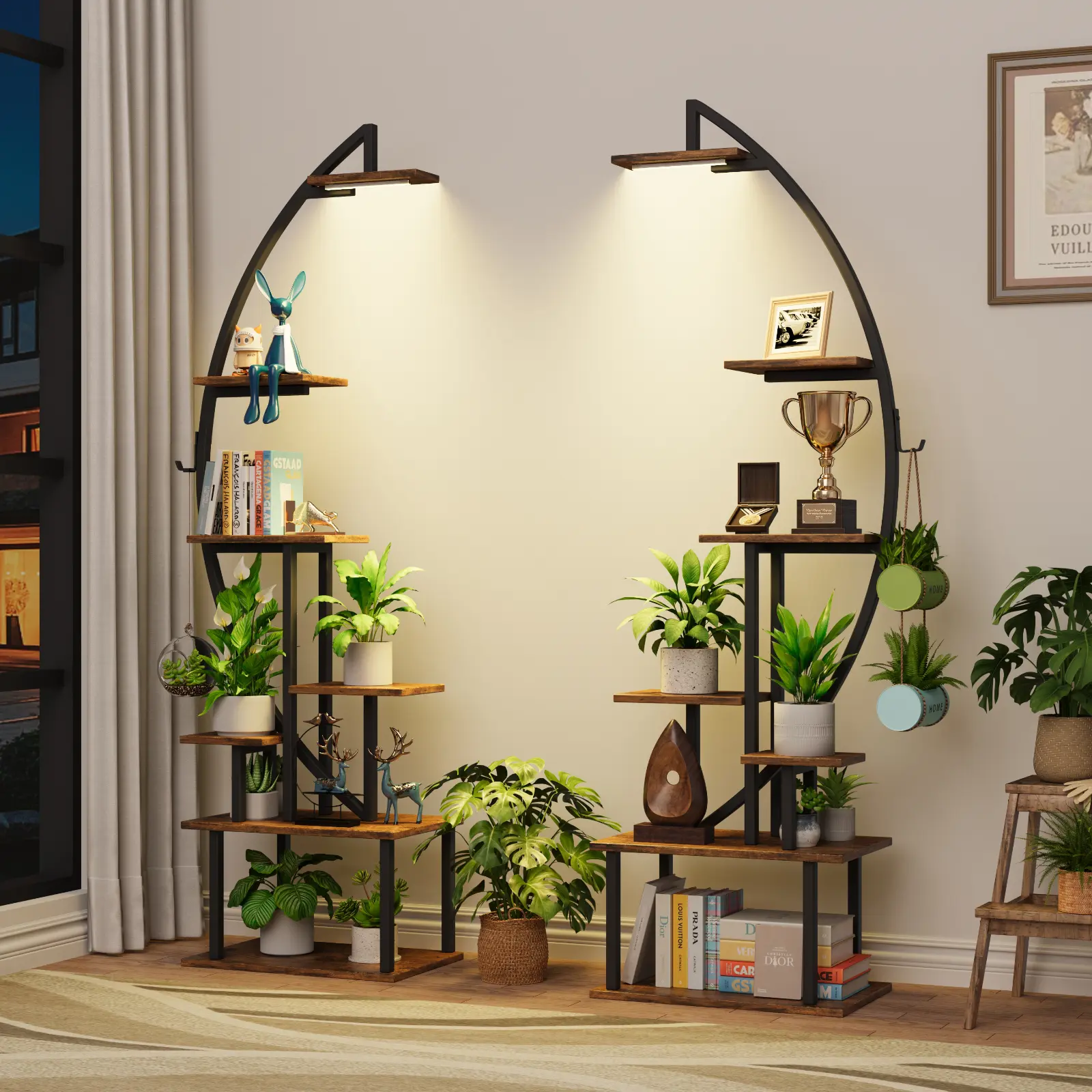 2 Pcs Indoor Decorative Storage Shelf with Lights, 7-Tier Metal Half-Moon Shape Rack for Multiple Items, Large Holder Display Shelf for Living Room, Patio, or Balcony