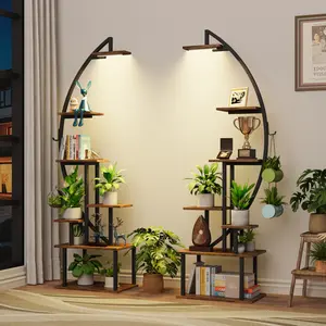 2 Pcs Indoor Decorative Storage Shelf with Lights, 7-Tier Metal Half-Moon Shape Rack for Multiple Items, Large Holder Display Shelf for Living Room, Patio, or Balcony