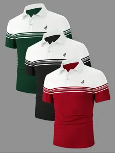 Men's Colorblock Striped Print  Button Front Half Placket, Regular Fit Casual Comfy Breathable Quick Drying Short Sleeve Collared Athletic Polo Shirt for Summer, Men's Clothes for Daily Wear