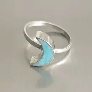950 Silver Half Moon Natural Stone Ring, Size 9, Casual Romantic Women