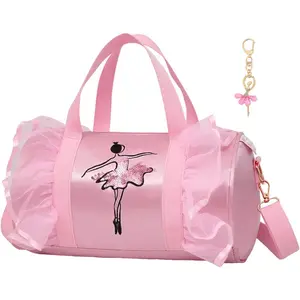 SQ-CPB047 Cute Ballet Dance Bag Gym Travel Duffle Bag for Girls Tutu Dress Bag with Key Chain for Girls ,Pink2 of Long Mesh