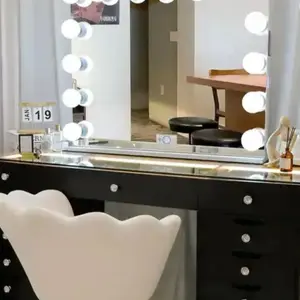 Vanitii Hollywood Vanity Mirror with White Upholstered Design, Stylish Lighting, and Elegant Finish rectangle modern