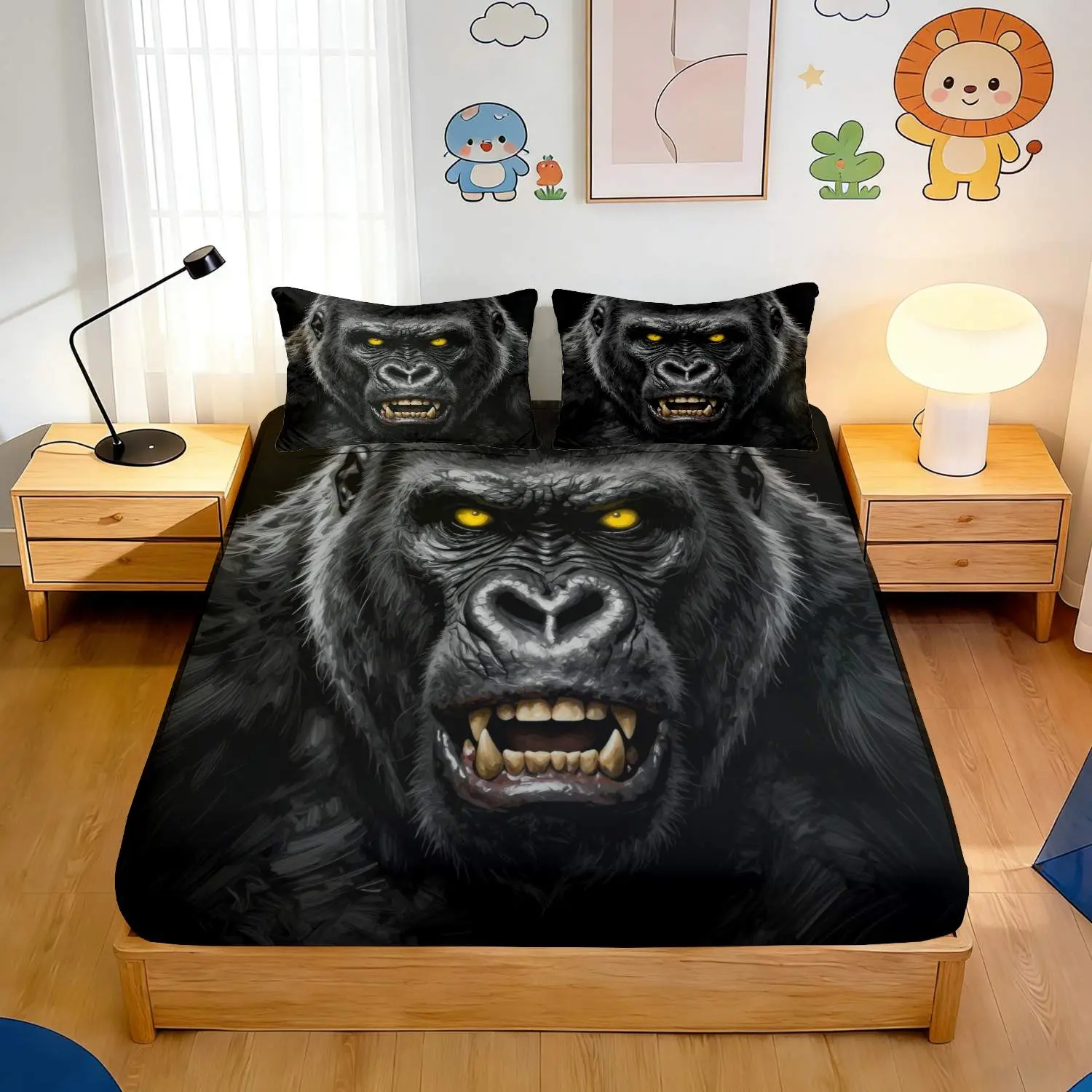 3pcs Fierce Gorilla Print Black Background Patternbedding set(1*Fitted Sheet + 2*Pillowcase, Without Core)+Soft comfortable and breathable Suitable for bedroom guest room hotel dormitory rooms