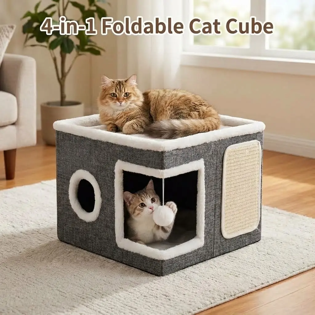 4-in-1 Foldable Cat Cube - Cozy Gray Cat Bed with Multiple Entry Points and Soft Interior for Comfortable Resting