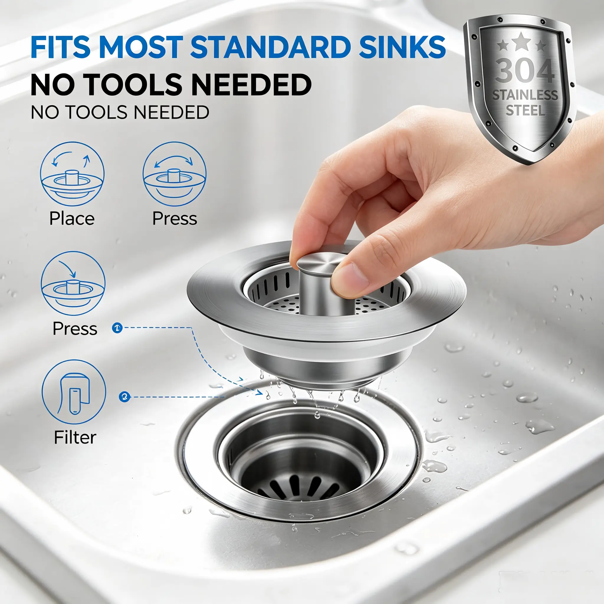 Upgraded 3-in-1 kitchen sink drain filter mesh cover/plug, polished stainless steel flip-top sink drain cover/plug, suitable for drainage pipes, prevents blockages and eliminates odors.