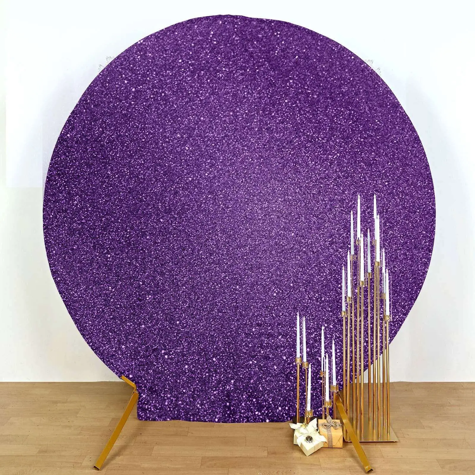 Purple Metallic Shimmer Tinsel Spandex Party Photo Backdrop, 2-Sided Round Wedding Arch Cover 7.5ft