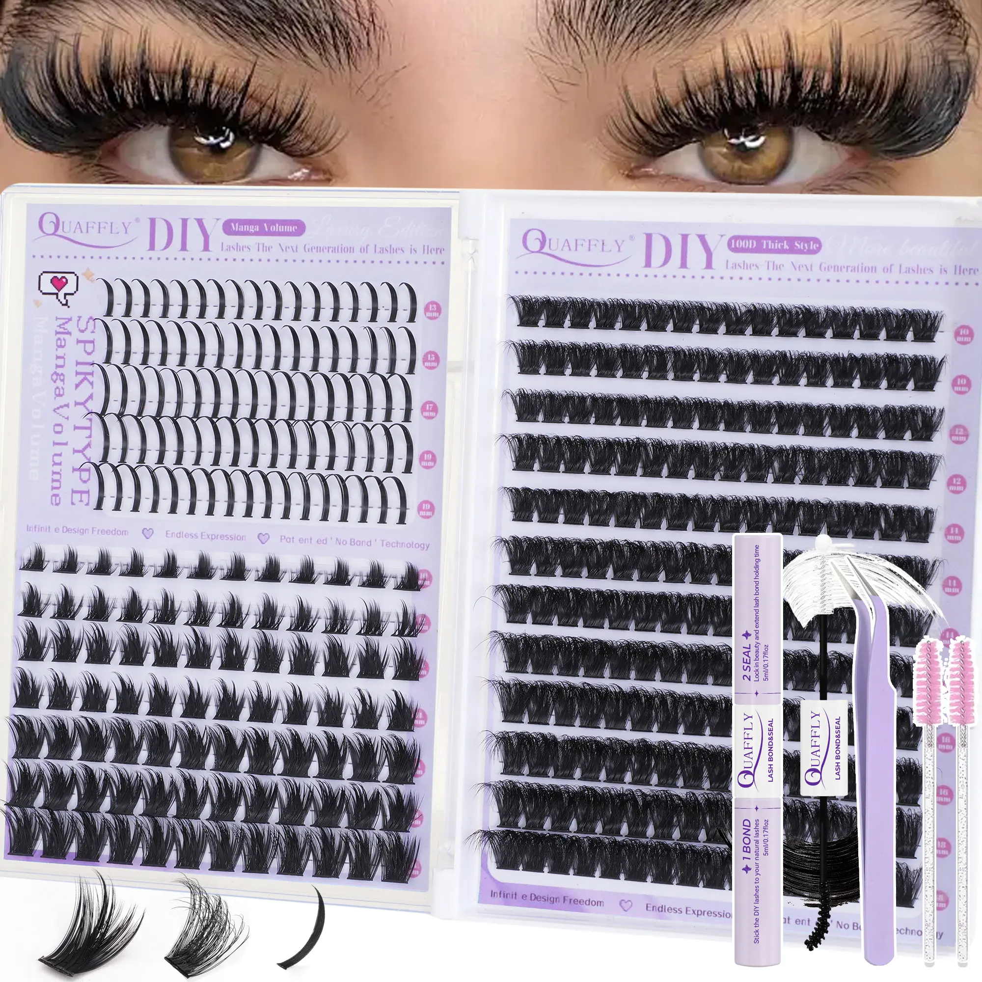 Lashes Clusters Kit 100D+Manga Lash Clusters + Spikes Lashes DIY Extensions Kit  D Curl Volume Manga DIY Eyelash Individual  Thick with Lash Bond and Seal Tweezers Brush Cosmetic