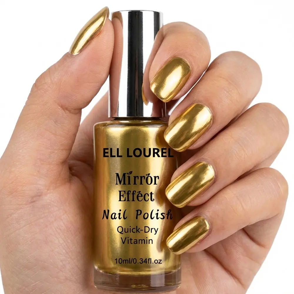 ELL LOUREL 10ml Mirror Effect Metallic Gold Nail Polish, Nail Art Manicure, No-bake Quick-Drying Formula, Chrome-Like Luster, Long-Lasting Color, Salon-Quality Manicure Effect