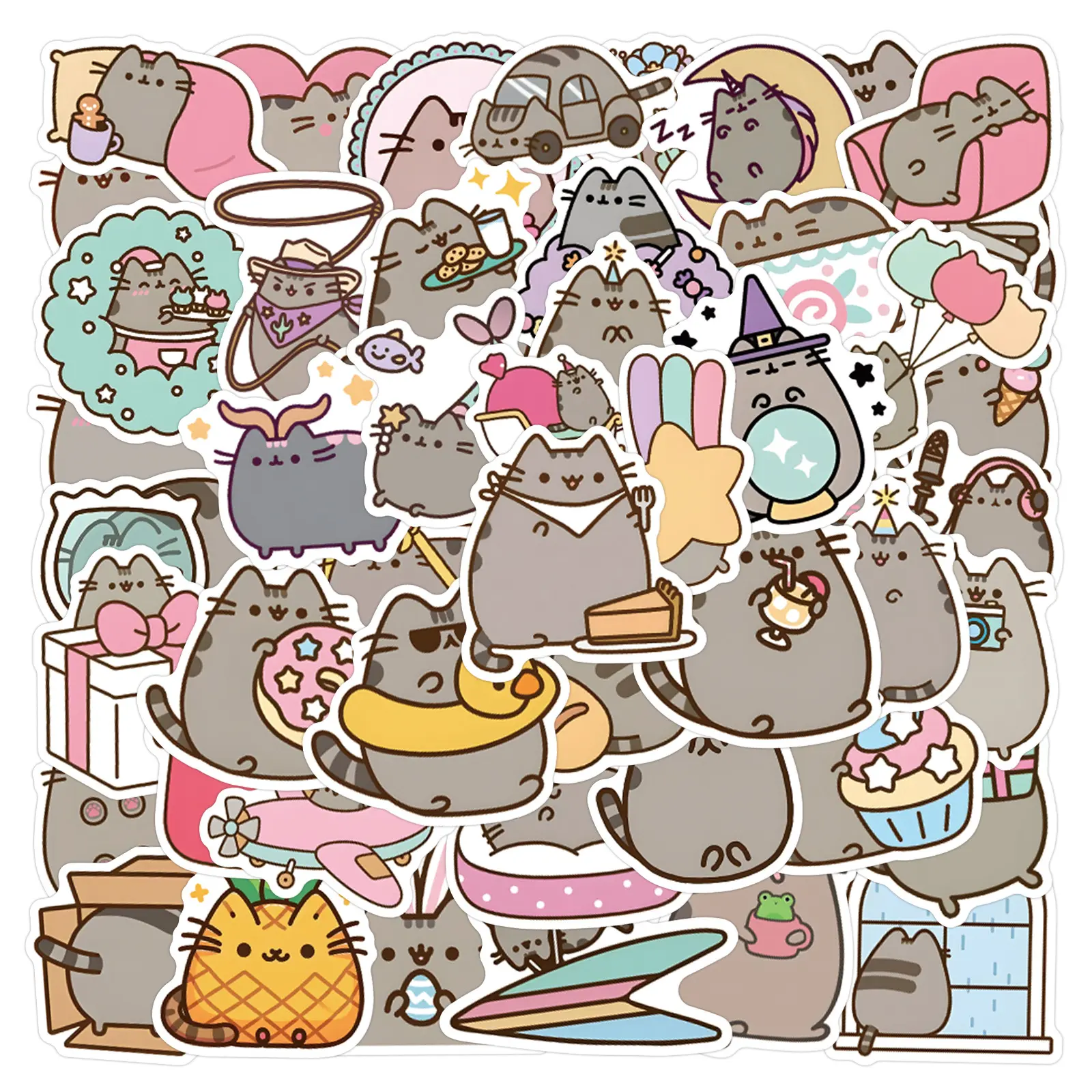 Pusheen Cartoon Graffiti Adhesive Stickers Set, Adhesive Decals, Self adhesive stickers, Fun Stickers, 55pcs Cute Anime Character Designs for Luggage Water Bottles Skateboards, Decorative Accessories, Sticker Collage Pack, Sticker Packs