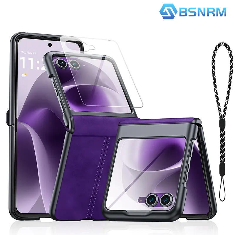 BSNRM Phone Case for Motorola Razr 2024/2025/2026 & Razr 2026 Ultra - Hard Shell PU Leather Matte Slim Fit Cover with 360-Degree Hinge Protection, Screen Protector, Wireless Charging Compatibility for Business Use