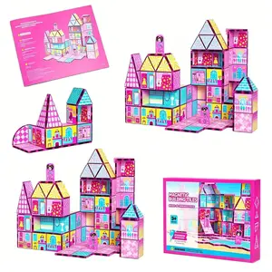 Castle Dollhouse Magnetic Blocks Set, Magnetic Building Tiles, 3D Stem 48/52 Pieces, Perfect Birthday Gift, Enhances Creativity, Safe Material, Ages 3+