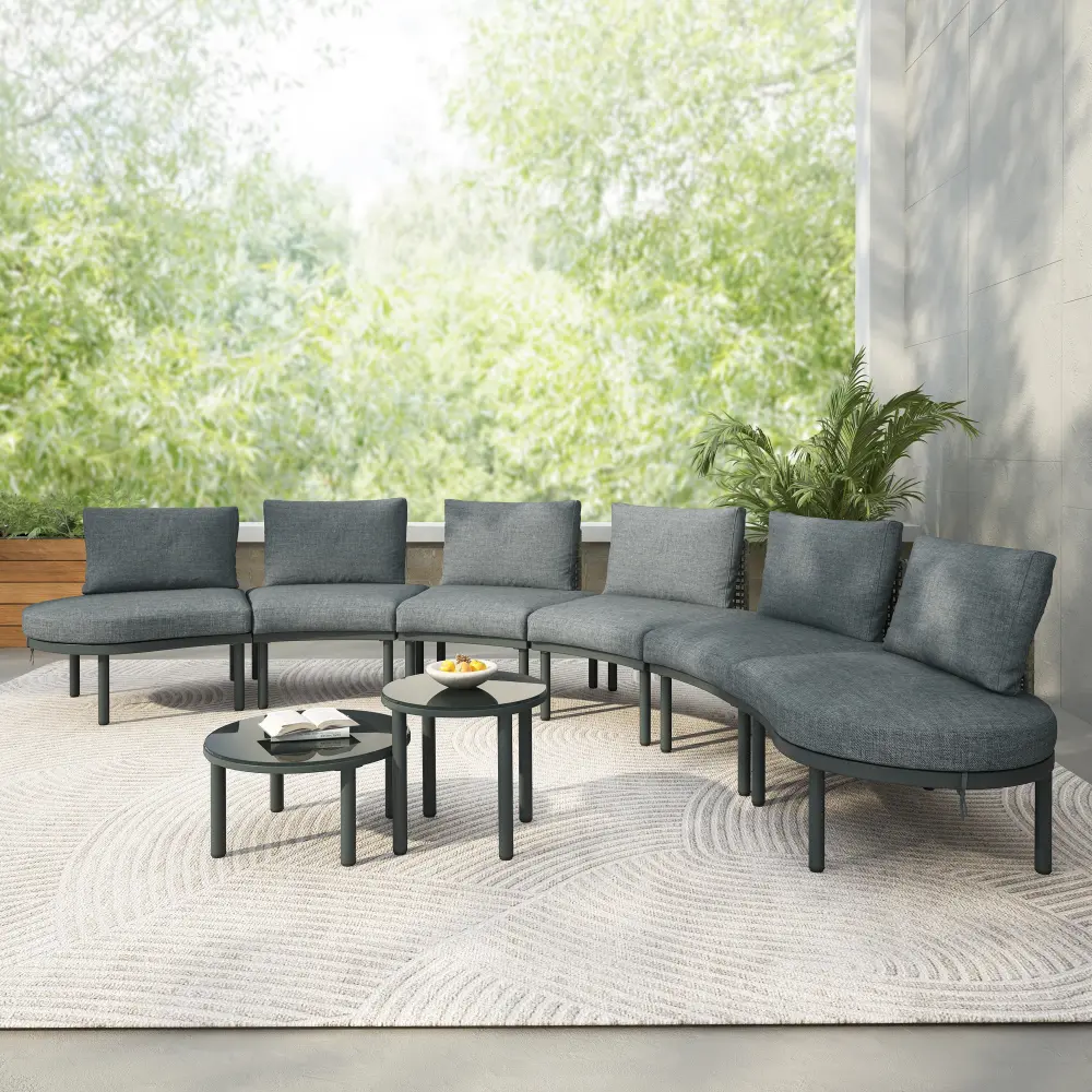 Gray 8-Piece Outdoor Patio Furniture Set - Half Moon Outdoor Sectional Sofa with 2 High-Low PE Wicker Rattan Coffee Tables, Tempered Glass, 6 Pillows & Cushions for Backyard, Poolside, Outdoor Furniture Set