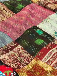 Vintage Upcycled Silk Throw - Hand Stitched Kantha Stitch, Heritage Craft, Patchwork Mix, Traditional Look