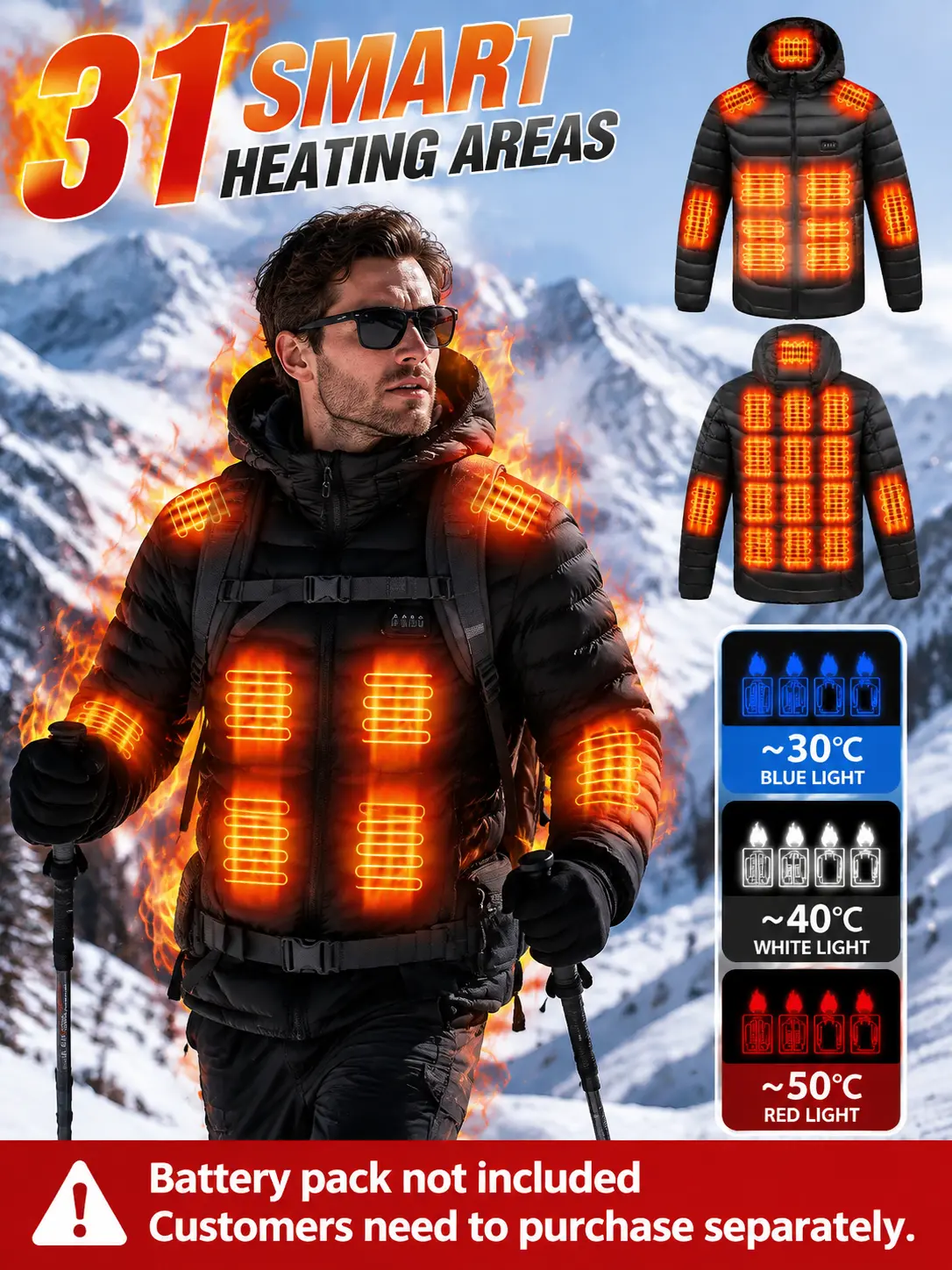 Men's smart heated jacket, couple style, 31-zone heating with 4-level adjustment, heated jacket, warm jacket, constant temperature windproof warmth, winter commute cold-proof jacket, keep warm for hiking and camping outdoors [power bank not included]