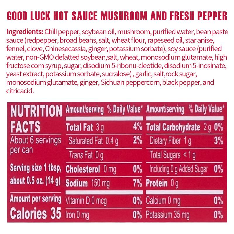 Good Luck Hot Sauce - Mushroom & Fresh Pepper Flavor | 6 Cans Box | 2.8 oz Each | Vegan Chili Dip | Mild Heat | Perfect for Tacos & Hummus Dips | Premium Ingredients | Mixed Flavors