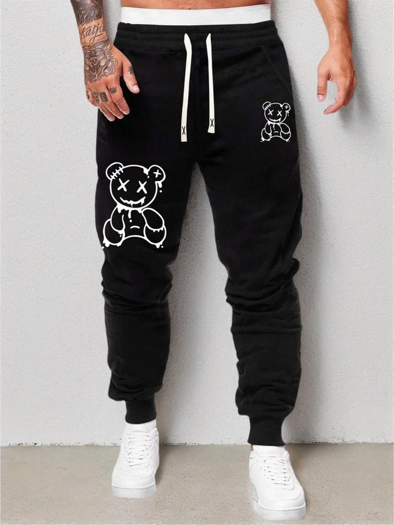 Men's Y2k Cartoon Bear Graphic Drawstring Waist Pro Club Sweatpants, Fall Outfits, Fallfreshness Men's Clothing, Regular Fit Jogger Trousers, 2000s Pa