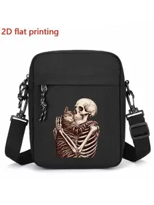 Men's Casual Skull Cat Print Crossbody Chest Bag, Large Capacity Shoulder Backpack, Travel Hanging Phone Pouch, All Seasons