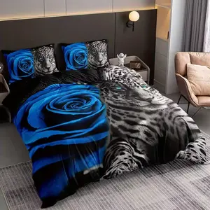 3-Piece Soft Comfort Leopard Print Rose Pattern Bedding Set, Romantic Bedroom Decor, Perfect Gift for Couples, Cozy Dorm Essentials