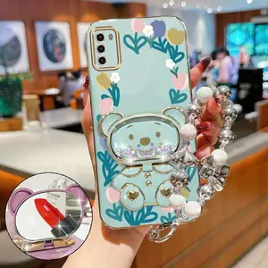 Pearl Strap Lanyard Tulip Garden Cute Bear Plating Phone Holder Case with Elegant Protector For Compatible with Motorola Moto G60 5G