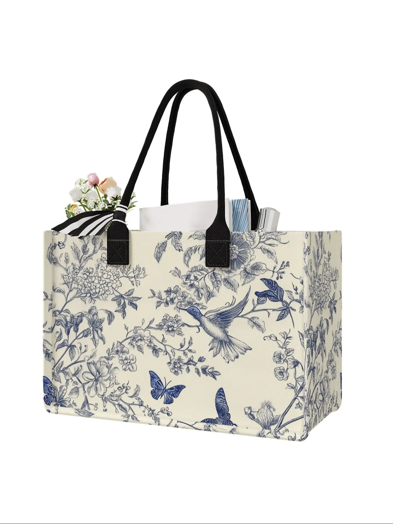 Floral Bird Print Large Capacity Storage Bag, Tote Bag, Shopping Totes, Durable Handle, Reusable Bags With Handles, Space Saving Multi-Purpose