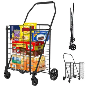 Shopping Cart with open door,Grocery Cart on Wheels, Foldable Utility Shopping Carts with Double Basket and 360° Rolling Swivel Wheels for Groceries Laundry