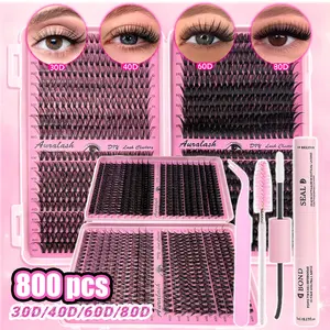 800/720PCS 30D/40D/60D 30/40D D Curl Lash Clusters Kit 9-16mm Mixed Length, Wispy Manga Fluffy Individual Lashes, Eyelash, Natural Cat Eye Doll Eye DIY Lash Extension Set with Gentle Glue, Waterproof Reusable Cluster Lashes for Beginners Daily Party