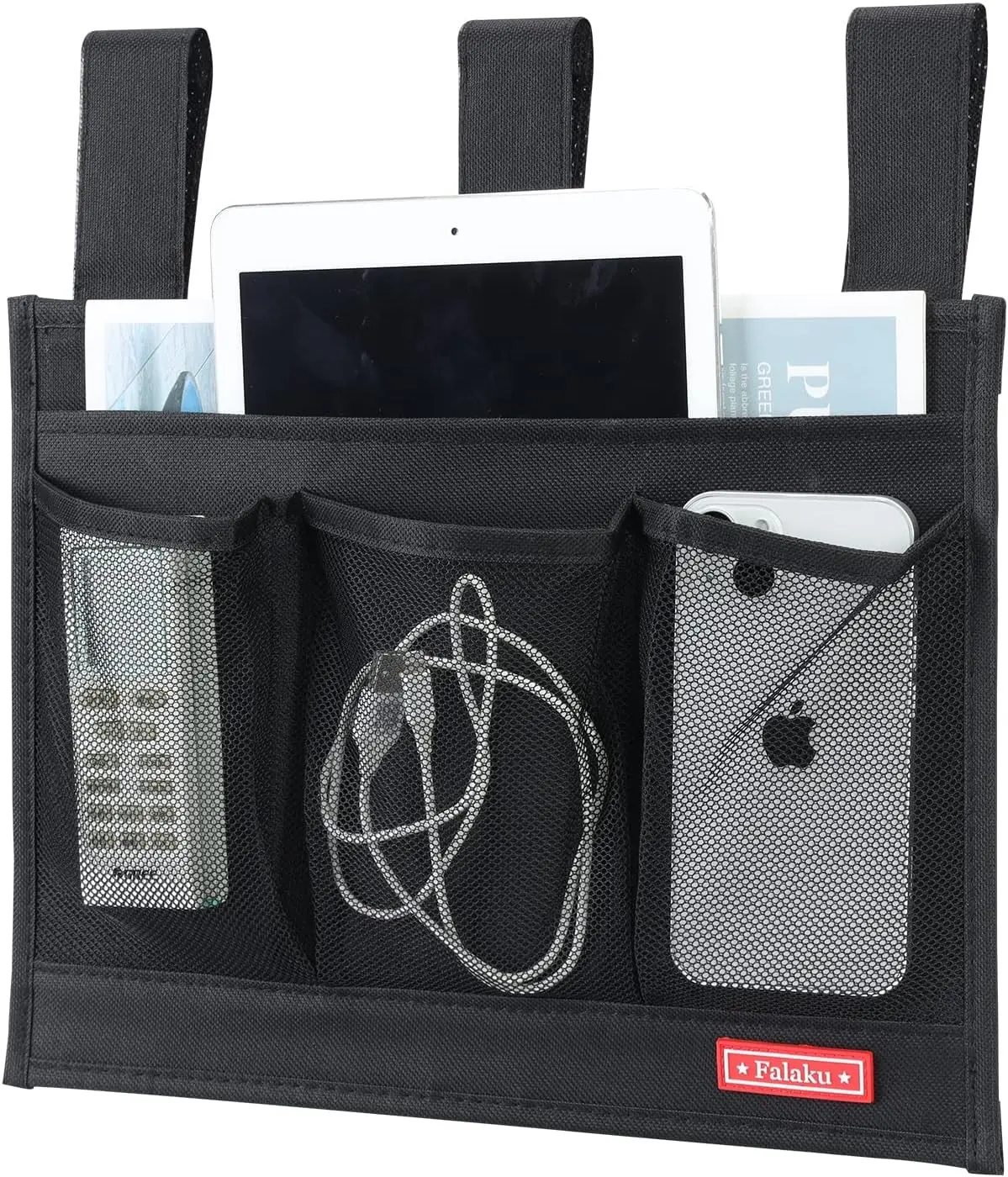 Hanging Bedside Caddy, Bedside Organizer for Bed Rails (4 Pockets, Black)