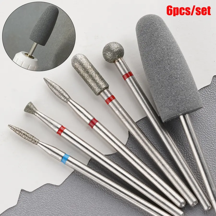 6-Piece Diamond Sand Nail Drill Bit Set, Hypoallergenic, Electric Manicure Tool for Acrylic & Gel Nail Removal - Cuticle Polishing, Nail Shaping Kit for Home & Salon Use, Pedicure Tool, Nail Art Tools, Nails Supplies, Nail Bits for Nail Drill