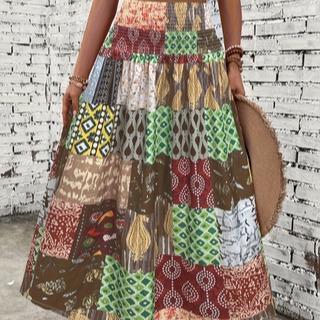 Plus Size Bohemian Maxi Skirt for Women - High-Waist A-Line Skirt with Vibrant Multi-Color Floral & Geometric Print, Fitted & Ruffled Hem, Machine Washable, All-Season Wear for Spring/Summer/Fall, Versatile Fashion Bottom