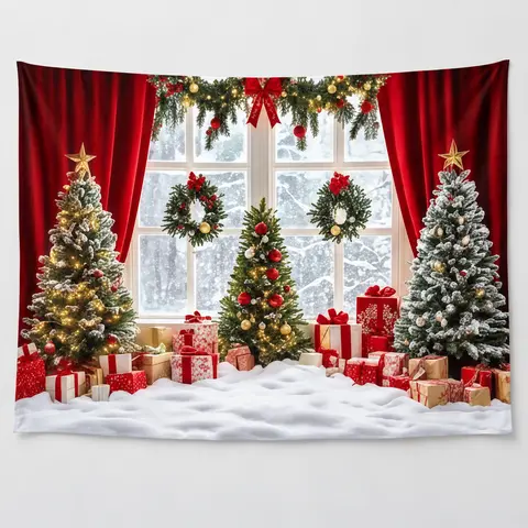 Christmas Tree Backdrop with Red Curtains and Snowy Window Polyester Photo Banner