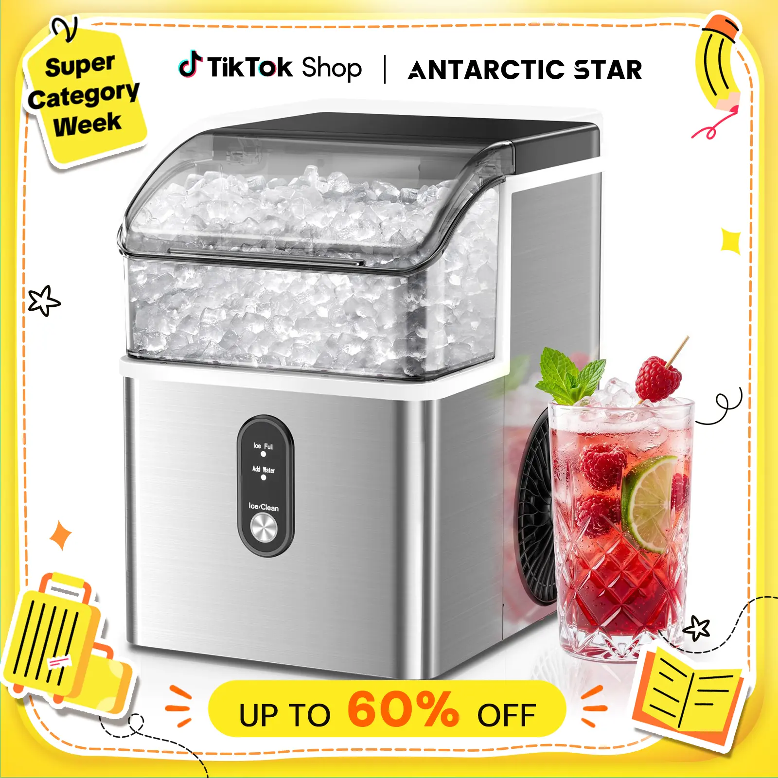 Antarctic Star Nugget Countertop Ice Maker with Soft Chewable Pellet Ice, Pebble Portable Ice Machine, 34Lbs/Day, Self-Cleaning, Sonic Ice Maker, One Button Operation, for Kitchen,Office Stainless Steel Black