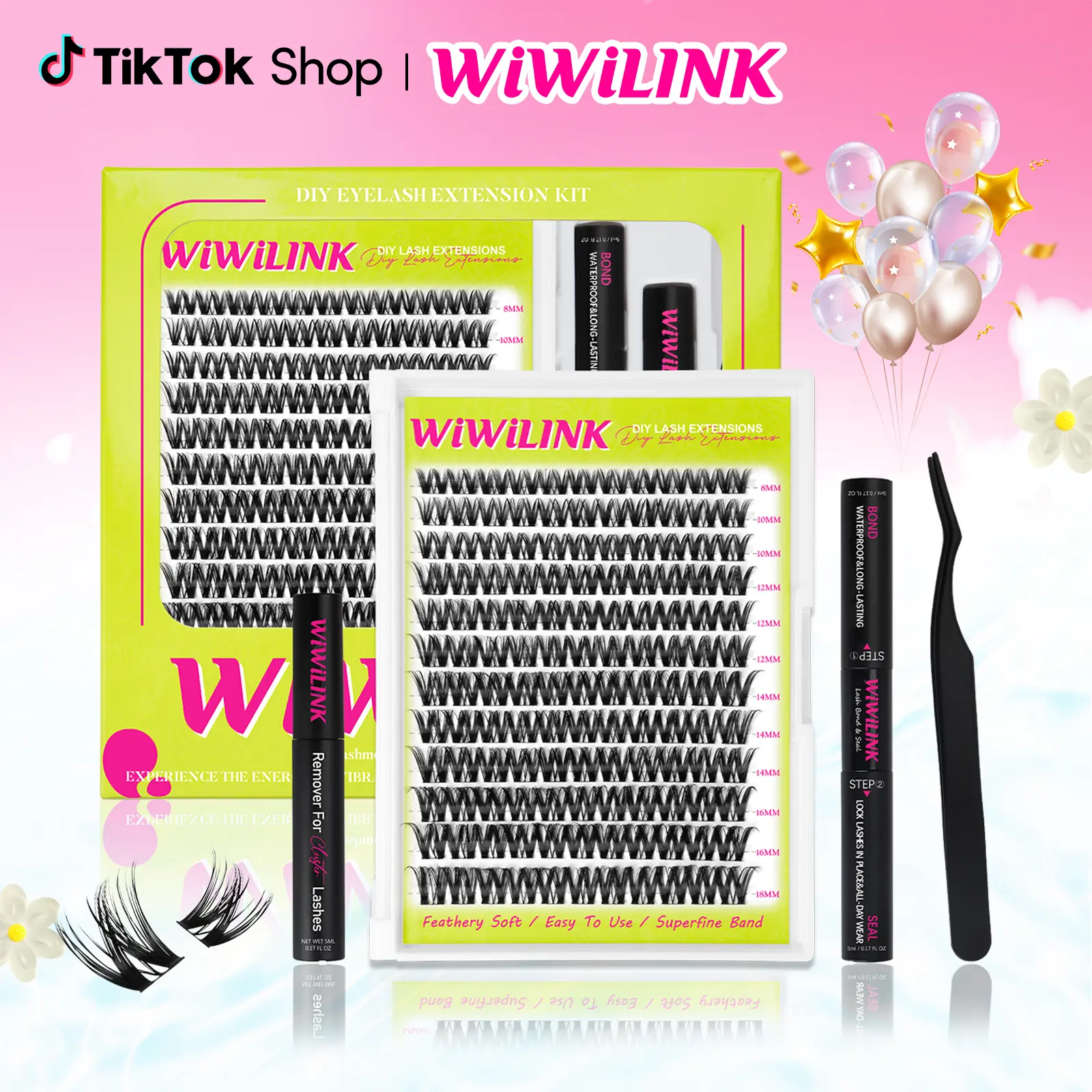 WiWiLINK Muse Universal Lashes, Cluster Lashes C D Curl, DIY Lash Extension Kit and Lash Clusters, 8-14mm with Bond, Seal, and Remover - Ultra-Thin Transparent Bands