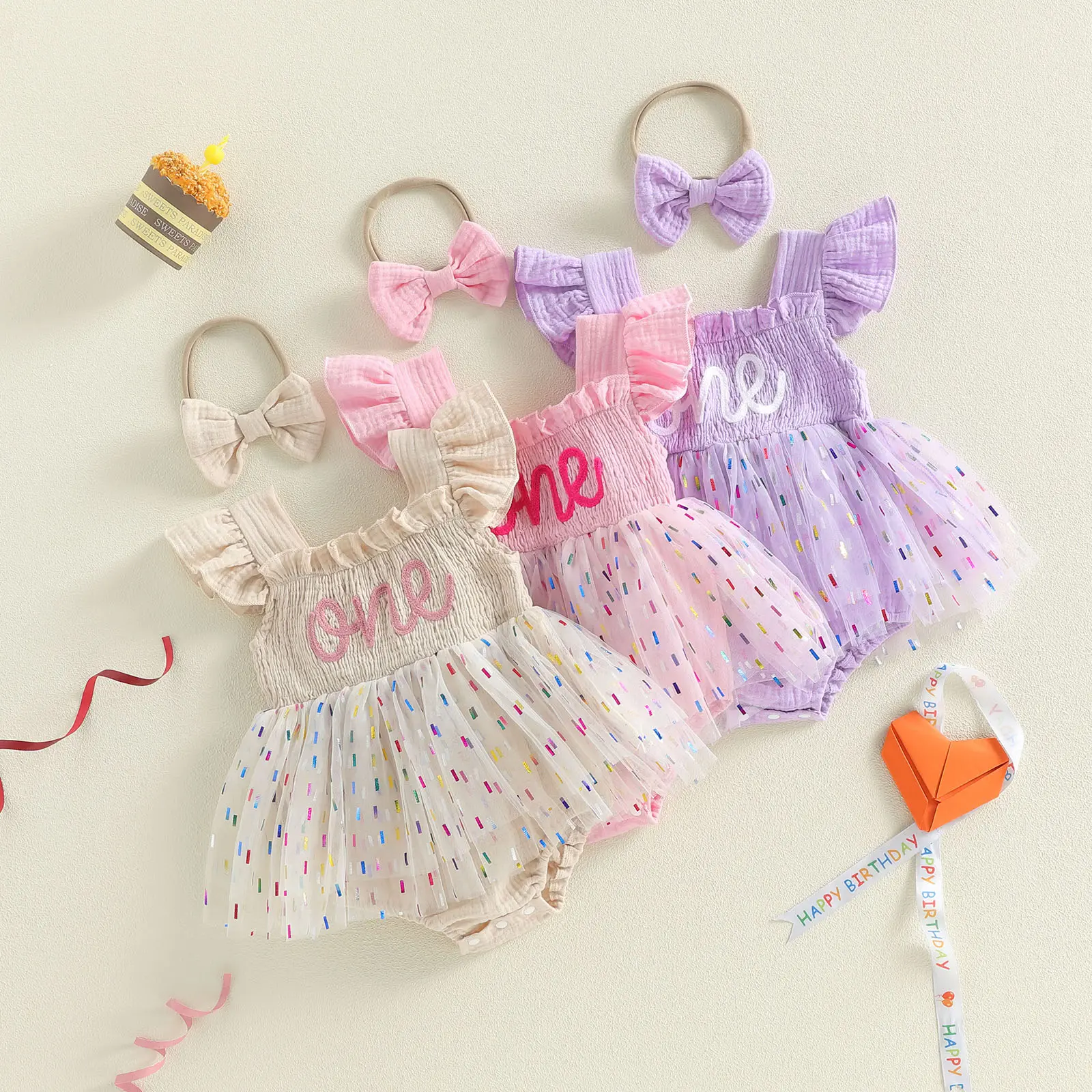 Infant Baby Girl My First Birthday Outfit Flying Sleeve Letters Embroidery Tulle Romper Dress and Headband Set