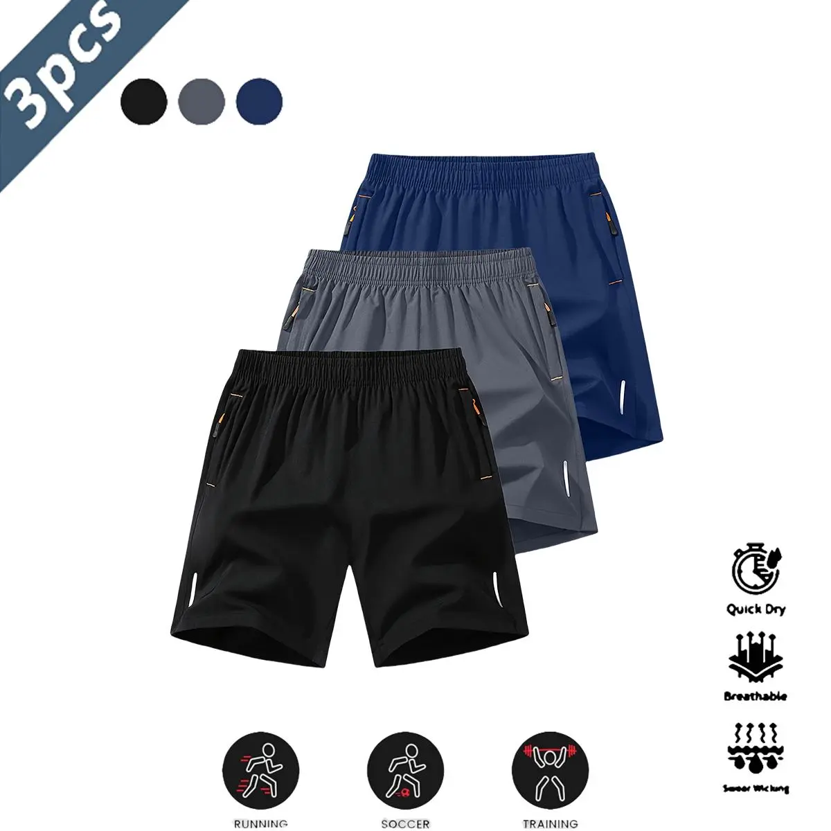 Men's 3-Pack Solid Color 100% Polyester Lightweight Quick-Dry Breathable Anti-Wrinkle Shorts with Reflective Stripes for Casual Sports, Gym Workouts men's shorts jorts for men men's jorts