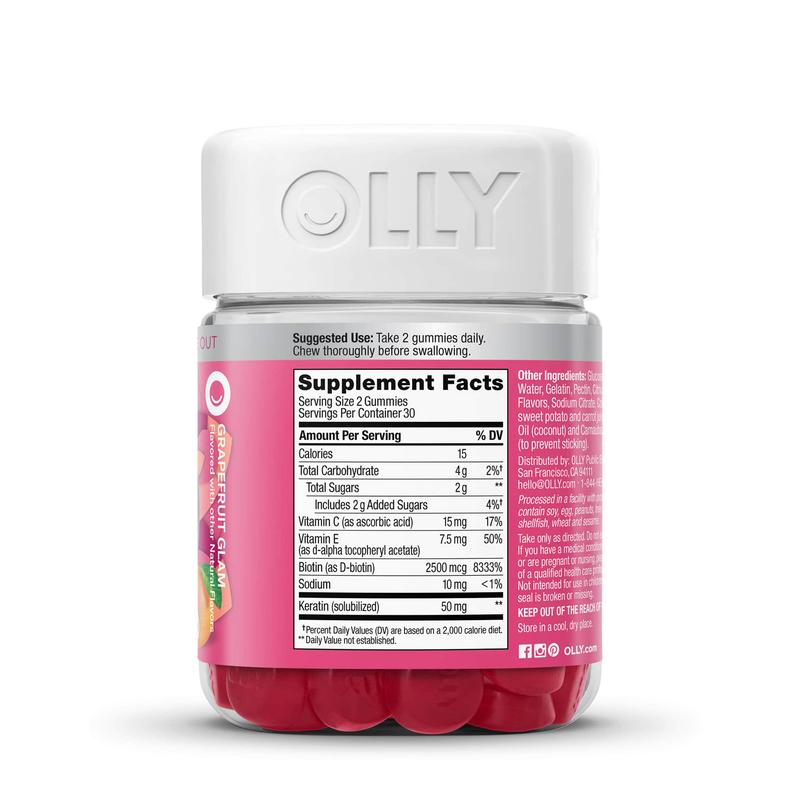 OLLY Undeniable Beauty Gummy, For Hair, Skin, Nails, Biotin, Vitamin C, Keratin, Chewable Supplement, Grapefruit, 30 Day Supply - 60 Count