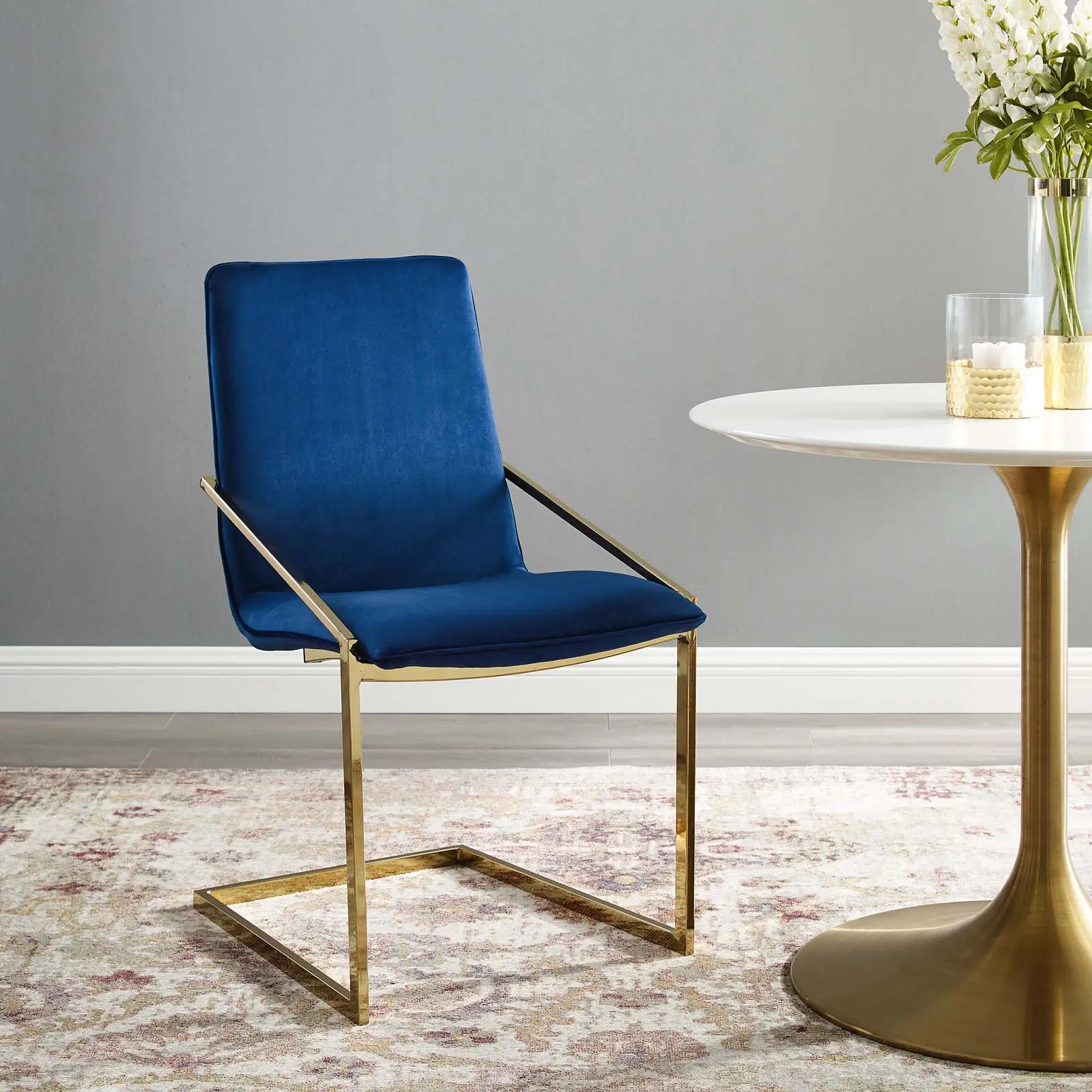 Modway Pitch Performance Velvet Dining Armchair, Gold-Navy Modern Accent Chair with Armrests, Stylish Dining Chairs for Dining Room Furniture