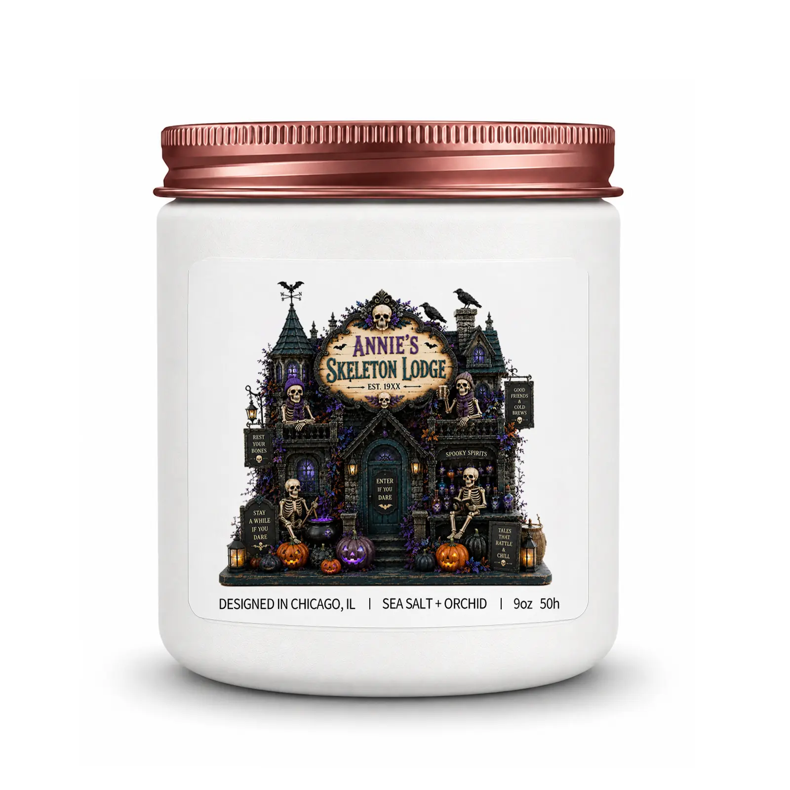 1Pc Handmade Soy Candle, Annie’s Skeleton Lodge Halloween Design, Spooky Gift for Women Men, 50-Hour Burn, Birthday Christmas Gift, Bedroom Living Room Decor