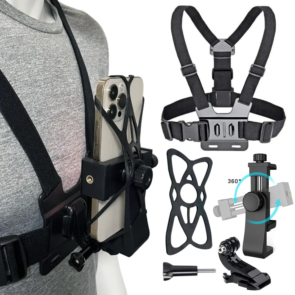 Phone Chest Mount Strap Belt Harness For 360 Mobile Cell Phone Clip Holder For iPhone 13 Xiaomi Samsung Gopro Hero 10 9 8 7 Adjustable Mount Multipurpose Phone Holder Cellphone Accessories