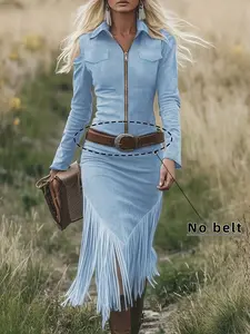 Western Cowboy Style Suede Fringe Fitted Bodycon Long Sleeve Dress, Women's Casual Fashion, Perfect for Parties and Daily Wear, Womenswear