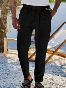 Men's Linen Tie-String Casual Pants, American Beach Style, Casual Comfy Baggy, Loose-Fit Breathable Sports Long Trousers, All Seasons