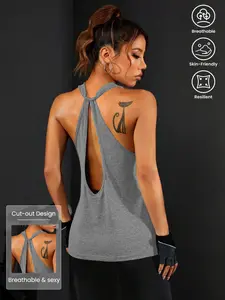 Women's Casual Backless Sports Vest, Breathable Comfortable Moisture-Wicking Sleeveless Underlayer Top, Round Neck Design