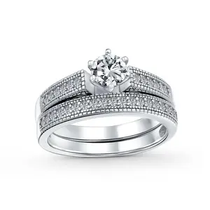 1.5CT Round Cubic Zirconia Solitaire 6 Prong Milgrain CZ Pave Engagement Band Ring Set Sterling Silver