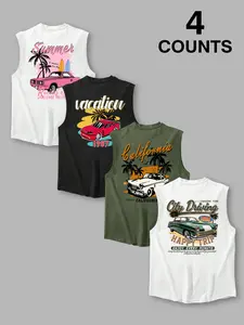 Men's 4-Pack Sleeveless Tank Tops, Vest - Retro Car + Tropical Palm Tree + Summer/Vacation Theme Graphic Designs, Vintage American Summer Apparel, Casual Vacation/Daily/Street Wear, Comfortable Relaxed Fit, Stylish Tank Tops for Vintage Car Fan