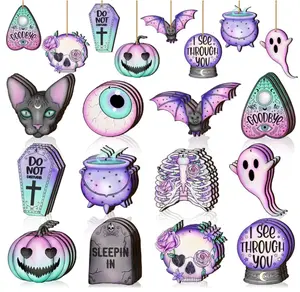 36 Pcs Pastel Halloween Wooden Ornaments Spooky Ghost Halloween Decoration Horror Creepy Wooden Cutouts Halloween Decor for Home Christmas Tree Craft Gift Retro Eye